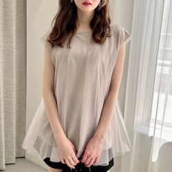 日本 GRL - 甜美薄紗層次法式袖上衣-灰棕 (F)