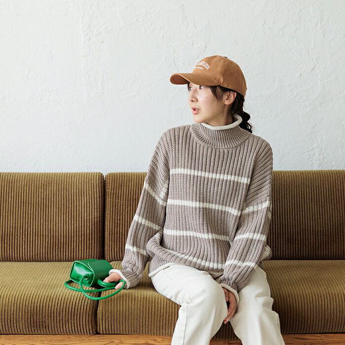 日本 ihuu - 率性線條高領厚針織長袖上衣-黑x白條紋