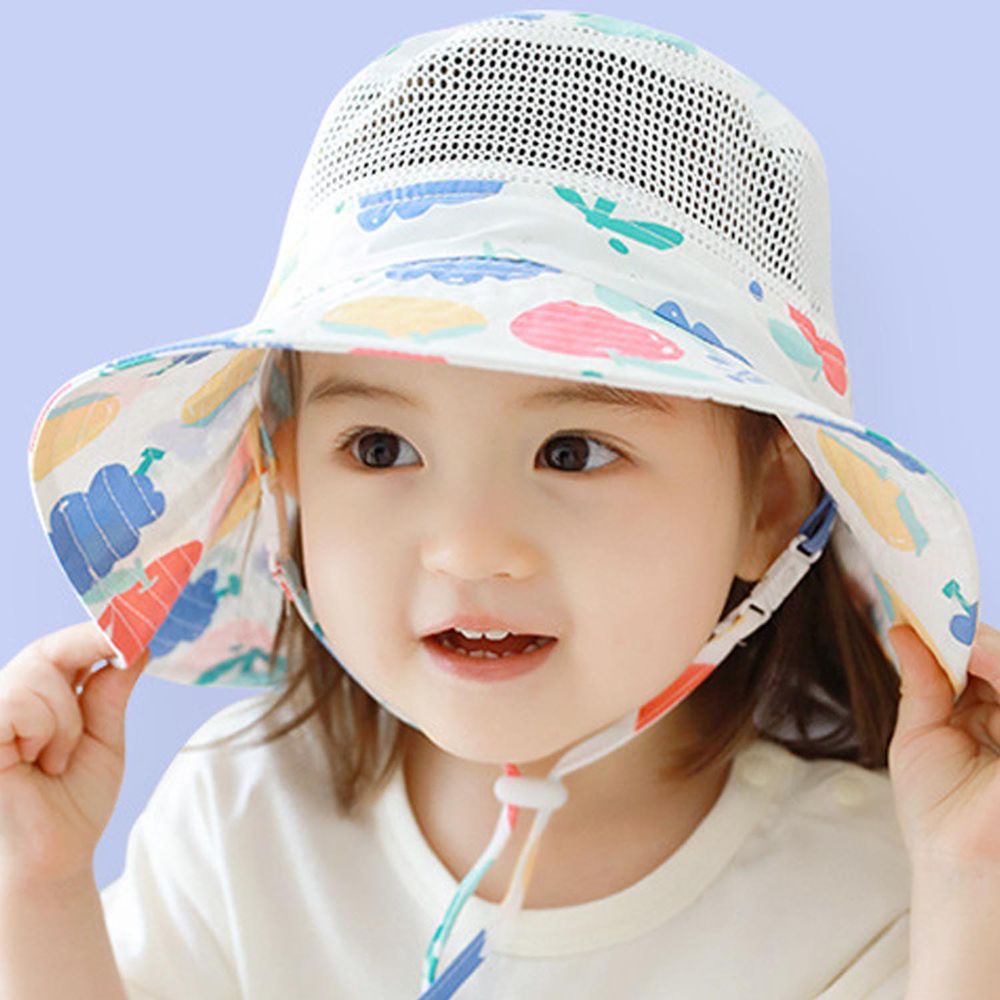 可調節兒童大帽簷防曬遮陽帽-繽紛水果-白色