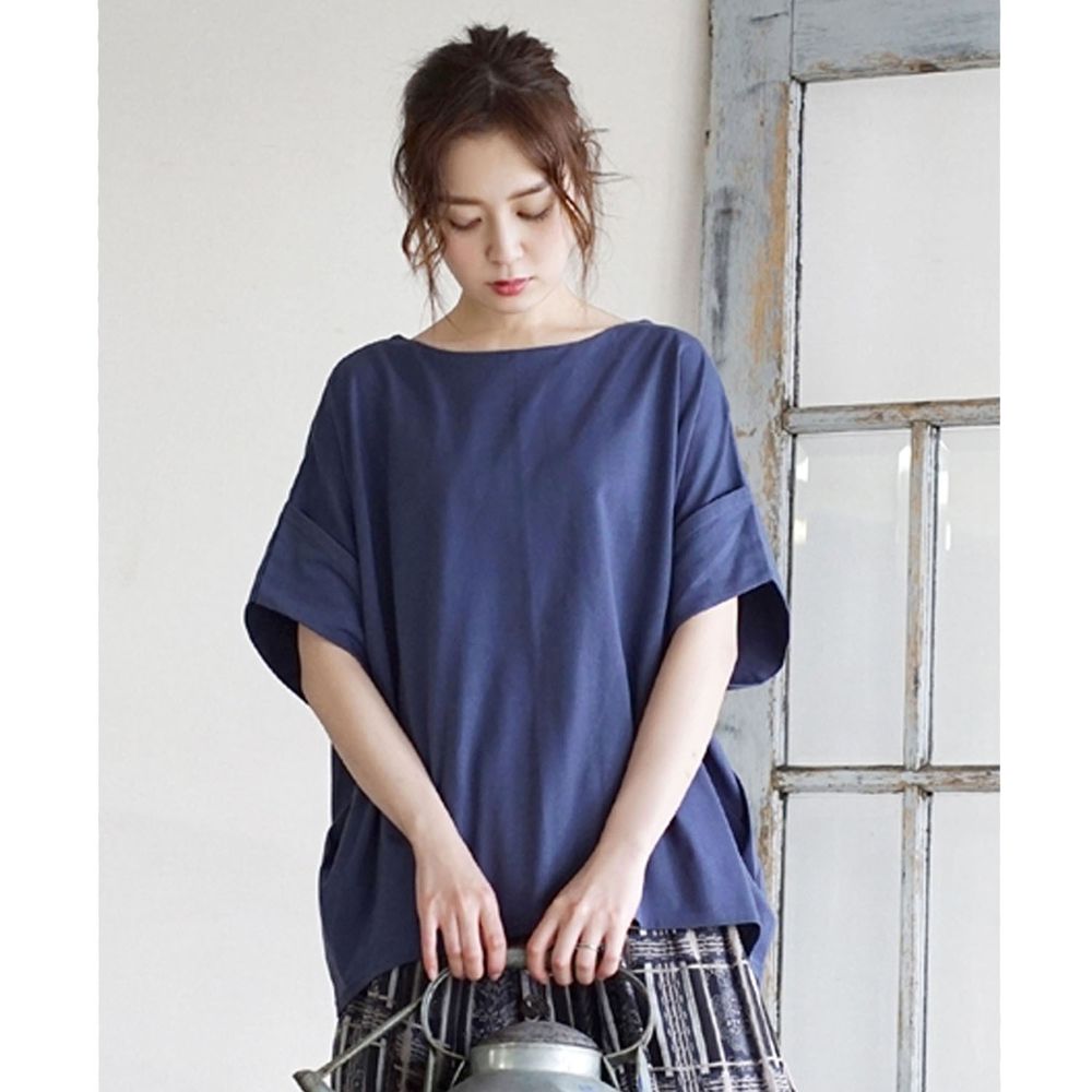 日本 zootie - Design+ 顯瘦剪裁反折五分袖上衣-煙燻藍