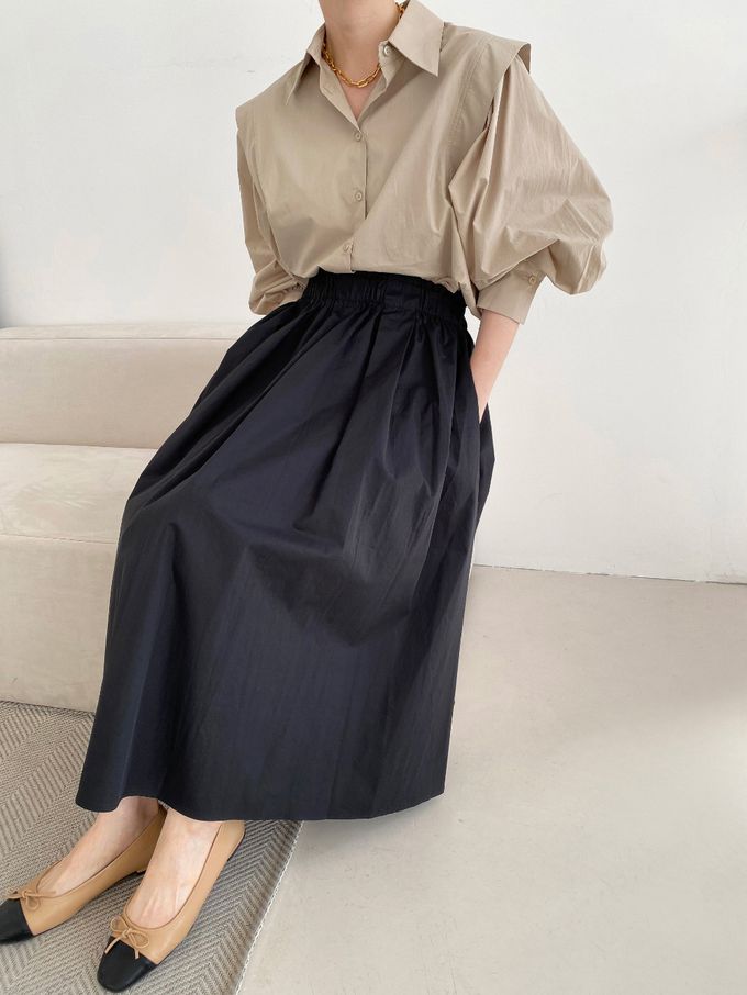 韓國女裝連線 - 寬鬆緊帶顯瘦修臀打褶圓裙-黑 (FREE)