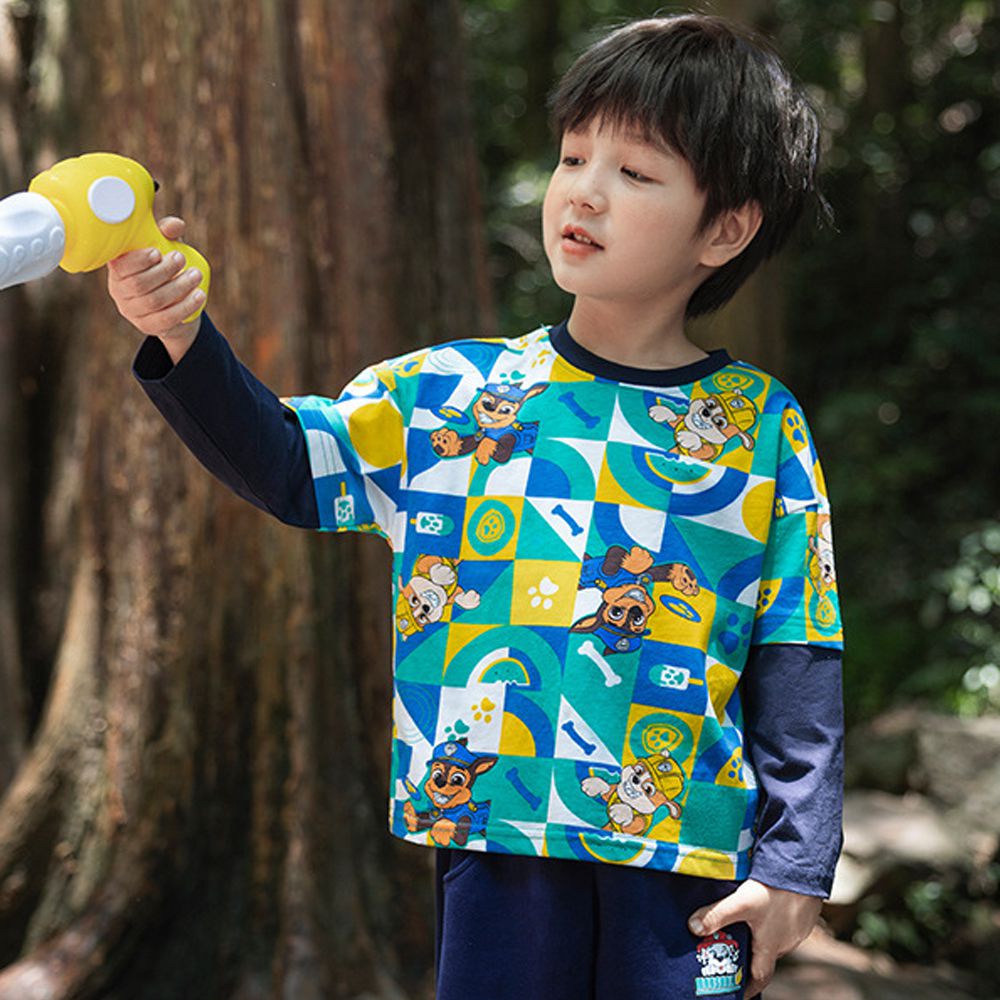 卡通汪汪隊純棉假兩件長袖上衣-卡通人物阿奇/小礫-綠色印花