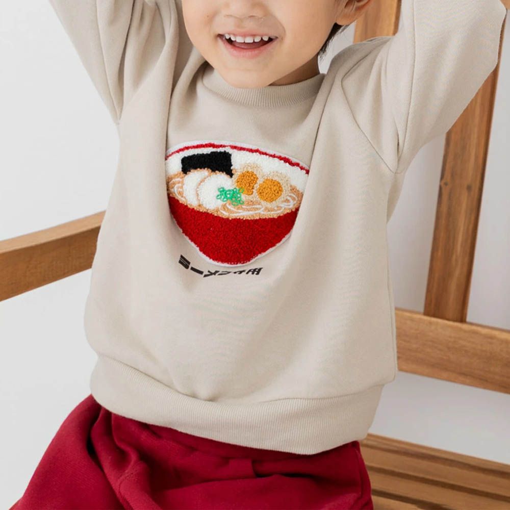 食物立體刺繡長袖上衣-拉麵-卡其杏