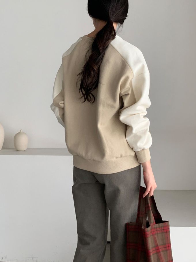 韓國女裝連線 - 撞色設計內磨毛大學T-卡其X米白 (FREE)