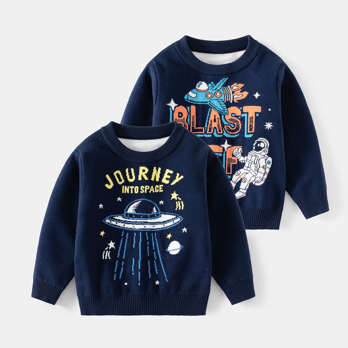 WELLKIDS - 薄絨圓領保暖長袖上衣/大學T-太空人-深藍色