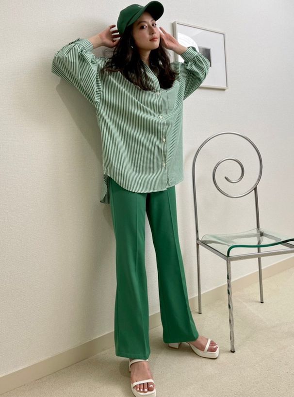 日本 GRL - 聯名款 經典直條紋長袖襯衫-凱蒂綠 (F)