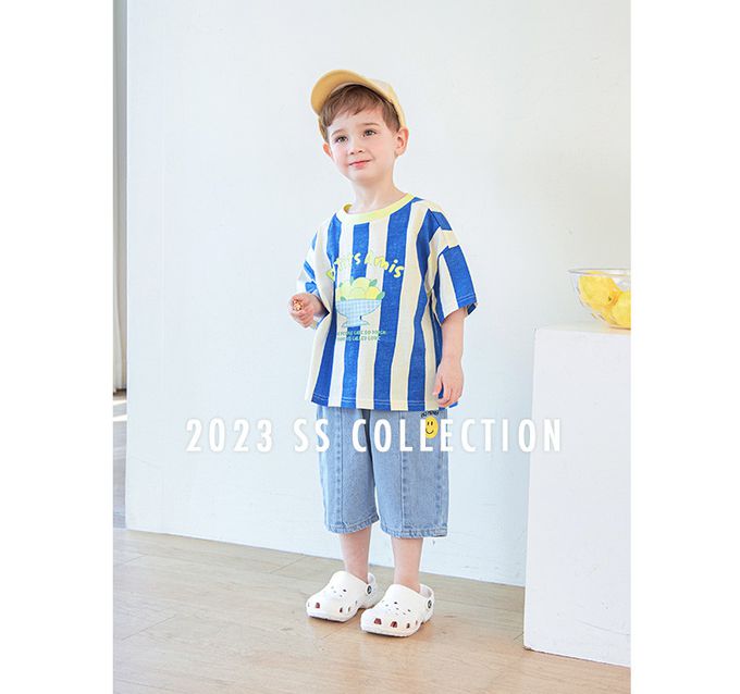 韓國 WALTON kids - 寬直紋萊姆印短袖上衣-寶藍