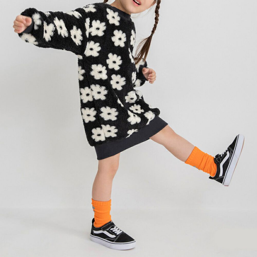 泰迪熊雙面毛絨可愛長袖洋裝-黑白小花