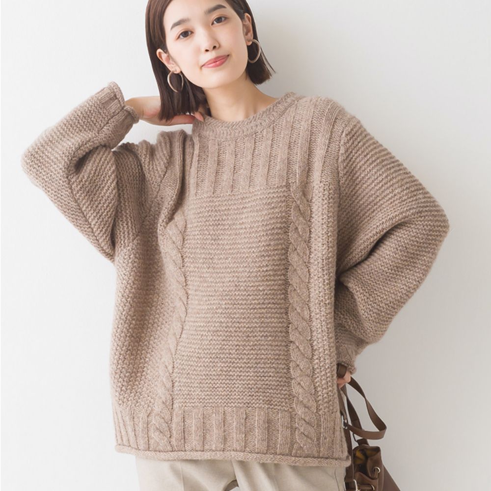 日本 OMNES - 100%羊毛設計感織紋毛衣-秋日棕