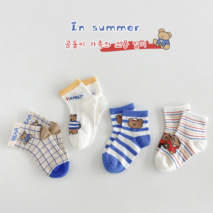 love, charlotte - 小熊家族薄款短筒棉襪-4 雙一組