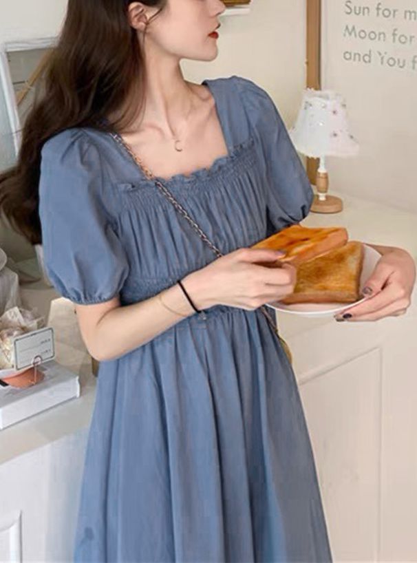 日本 GRL - 優雅公主方領泡泡袖洋裝-奶茶杏 (M)