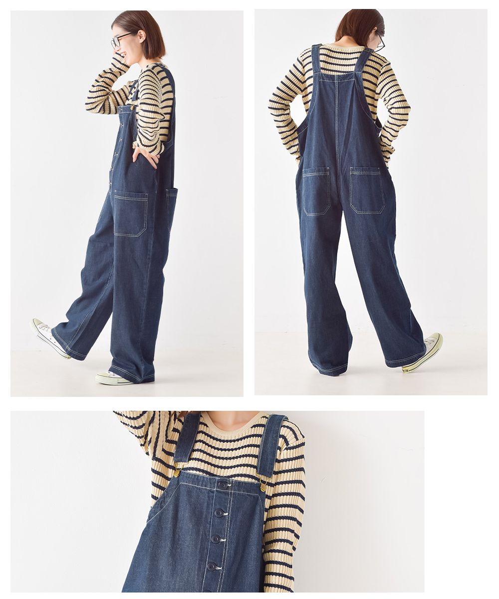 日本 OMNES - 定番工裝風質感吊帶褲-海軍藍