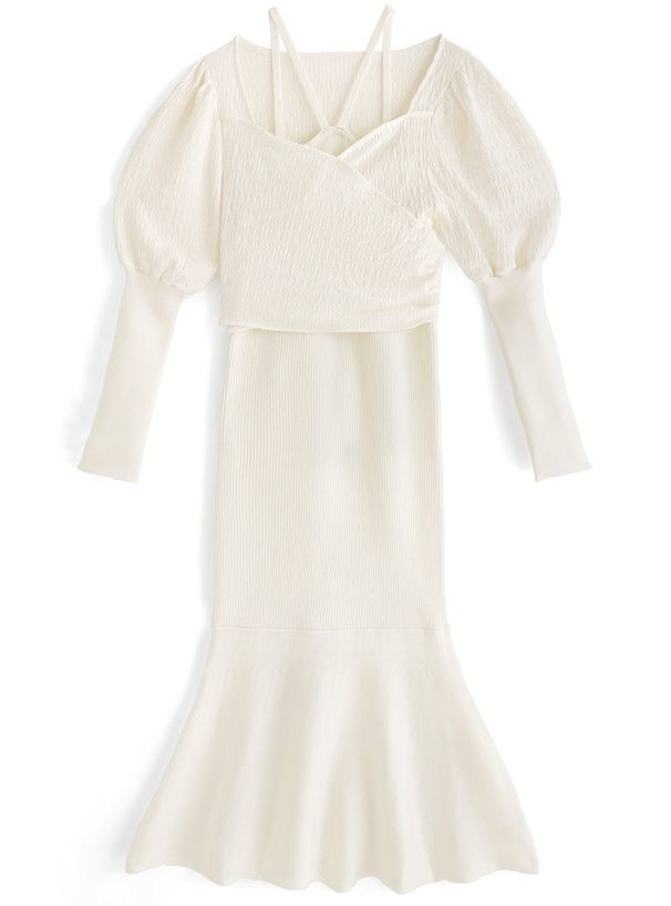 日本 GRL - 甜美小姐泡泡袖兩件式洋裝-象牙白