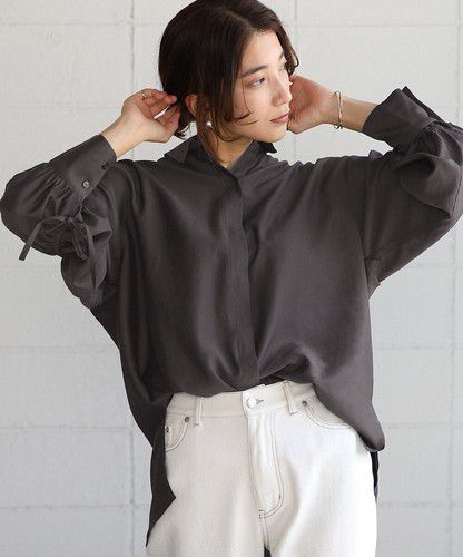 日本 Bou Jeloud - 個性抽繩設計長袖襯衫-淺墨綠