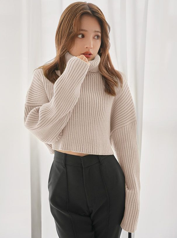 日本 GRL - 寬鬆短版高領坑羅紋針織上衣-褐杏