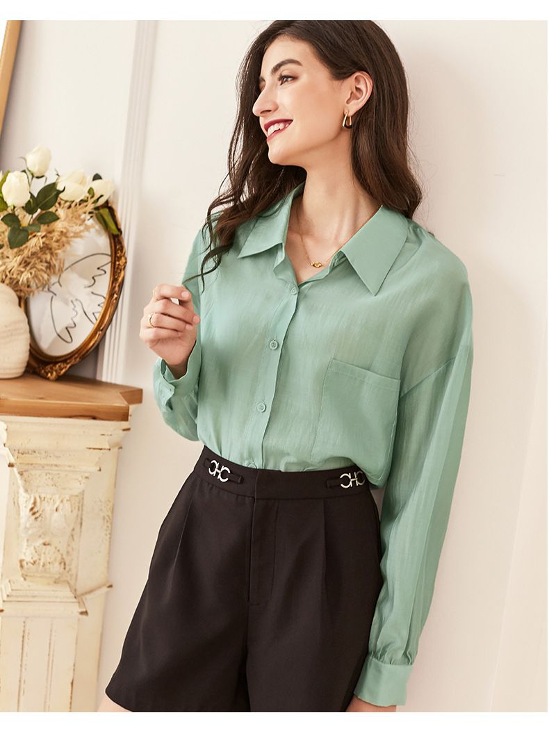 氣質透膚襯衫/罩衫-淺綠色 (M)