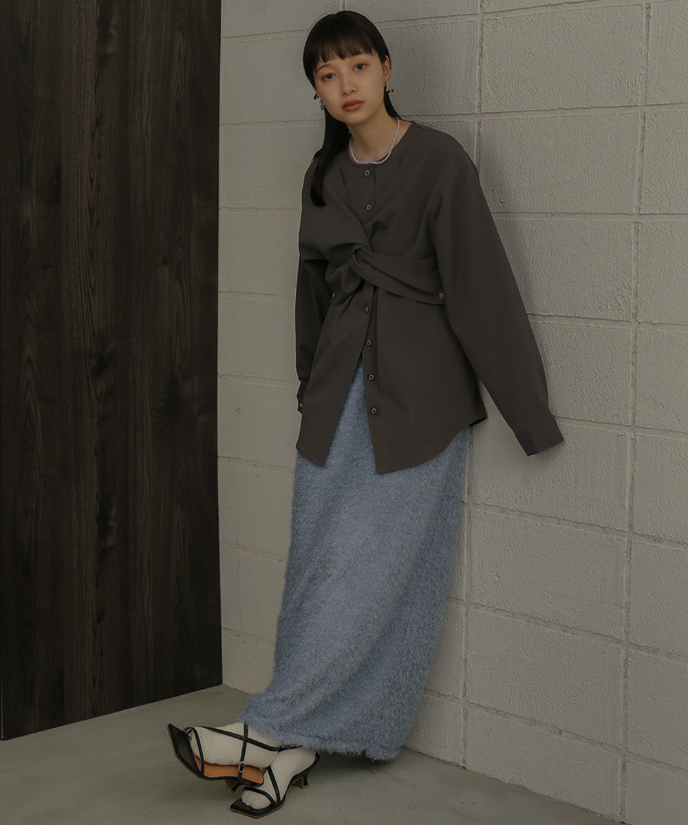 日本 Bab - 時尚扭結設計長袖襯衫-淺綠