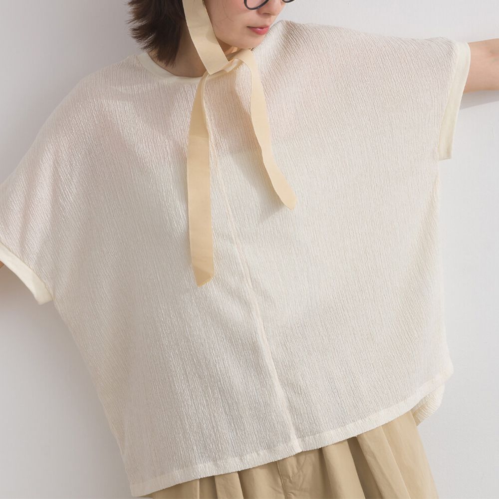 嫘縈混紡細緻羅紋圓領短袖上衣-象牙白