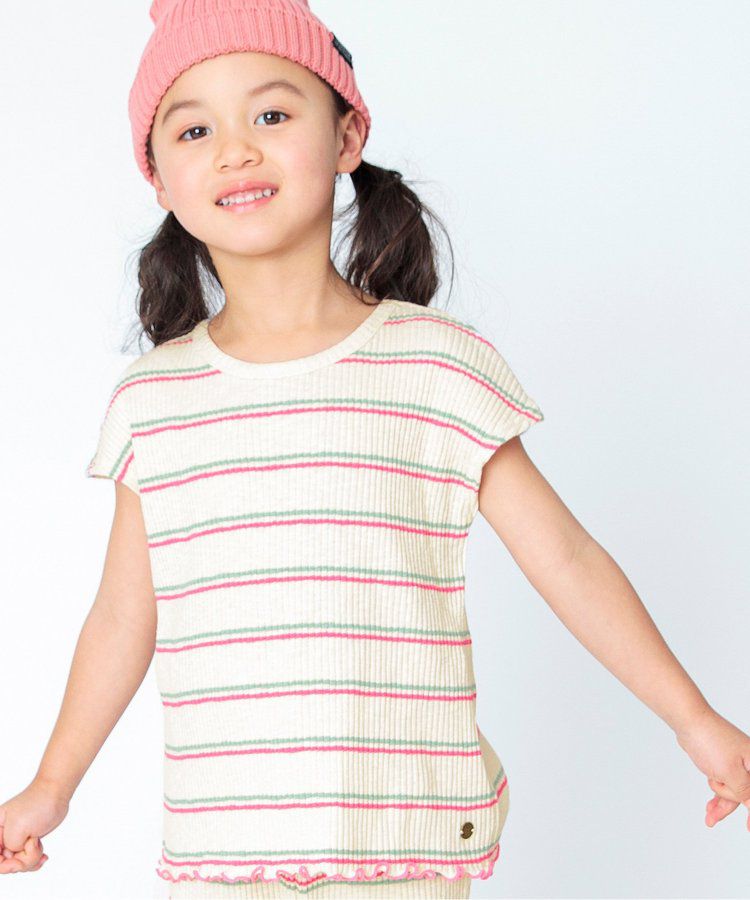 日本 BREEZE - 背交叉下擺捲邊羅紋短袖上衣-紅綠條紋