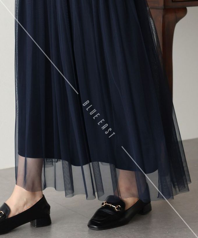 日本 BLUE EAST - 薄紗絲絨拼接飄逸長裙-(可選長度)-深藍