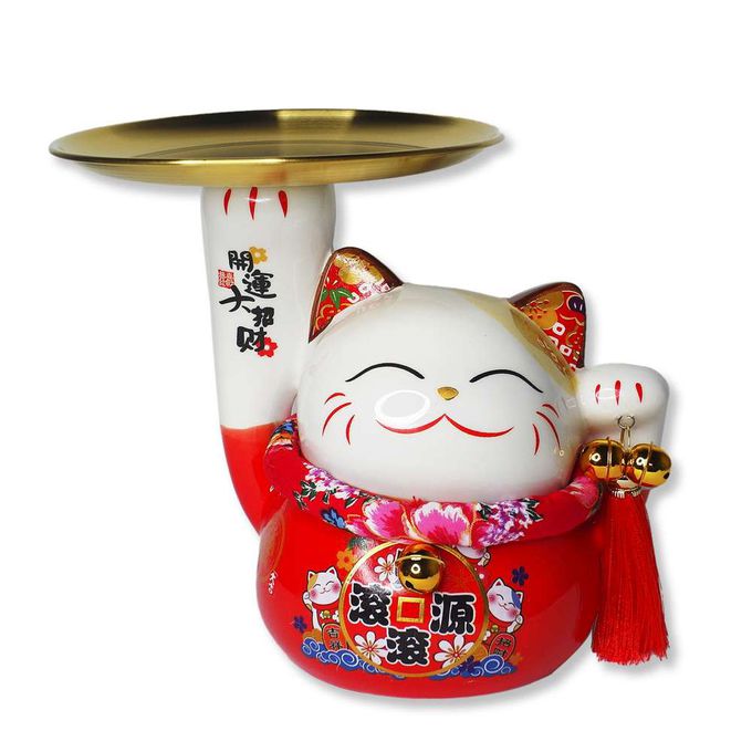 MODACore 摩達客 - ◉春節開運◉財源滾滾頂盤陶瓷招財貓-托盤紅色款_撲滿存錢桶擺飾桌飾
