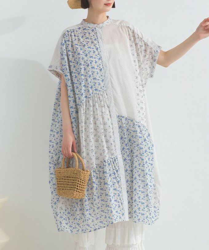 日本 Lupilien - 純棉巴里紗花朵拼布襯衫式洋裝-藍白