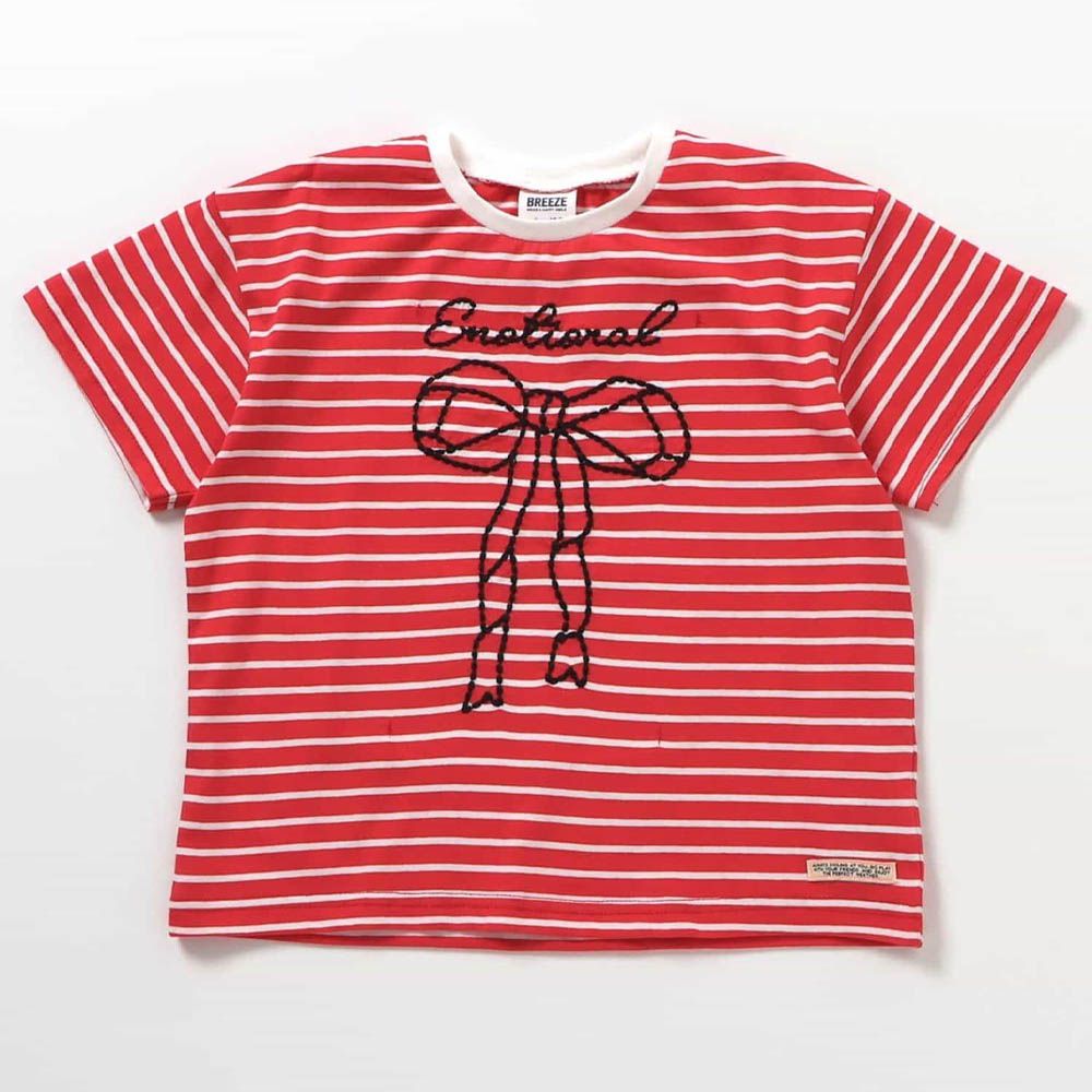 精緻女孩印花短袖上衣-蝴蝶結緞帶-紅x白