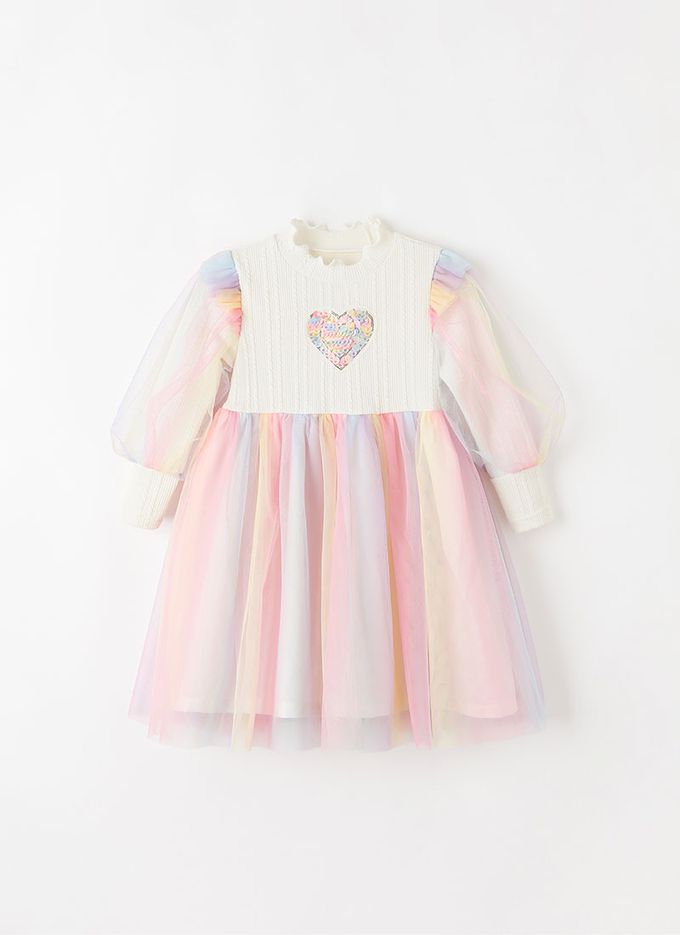 韓國 OZKIZ - 星星亮片愛心歐若拉網紗洋裝-象牙白