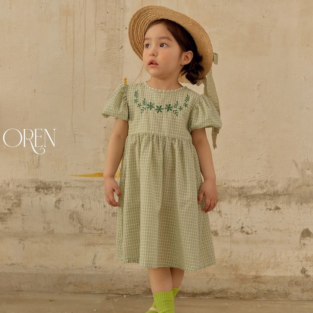 OREN 法式花卉刺繡格紋燈籠袖洋裝-綠