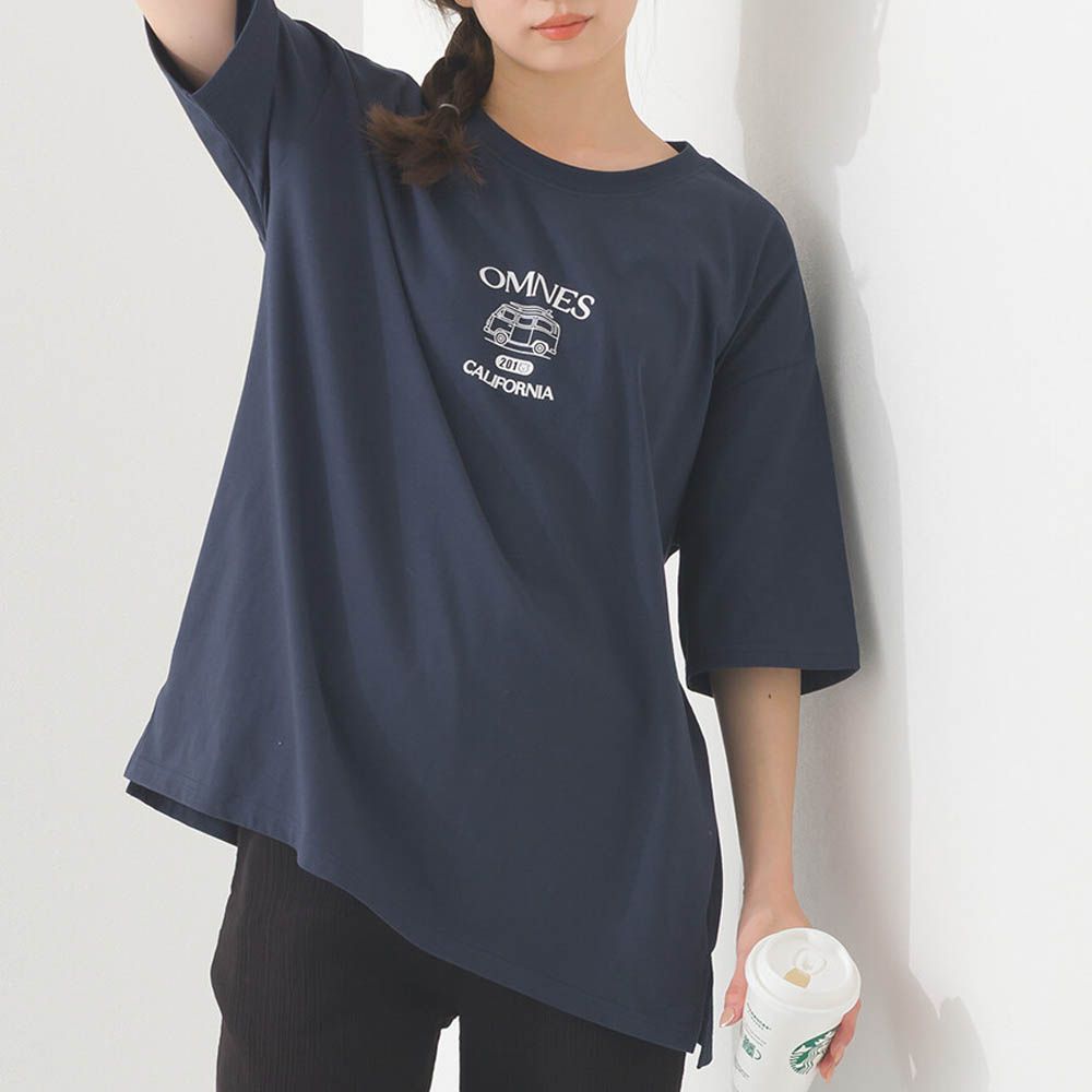 純棉印花休閒短袖上衣-加州露營車-深藍