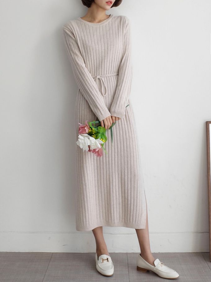 韓國女裝連線 - 喀什米爾羊毛針織連身洋裝-米杏 (FREE)