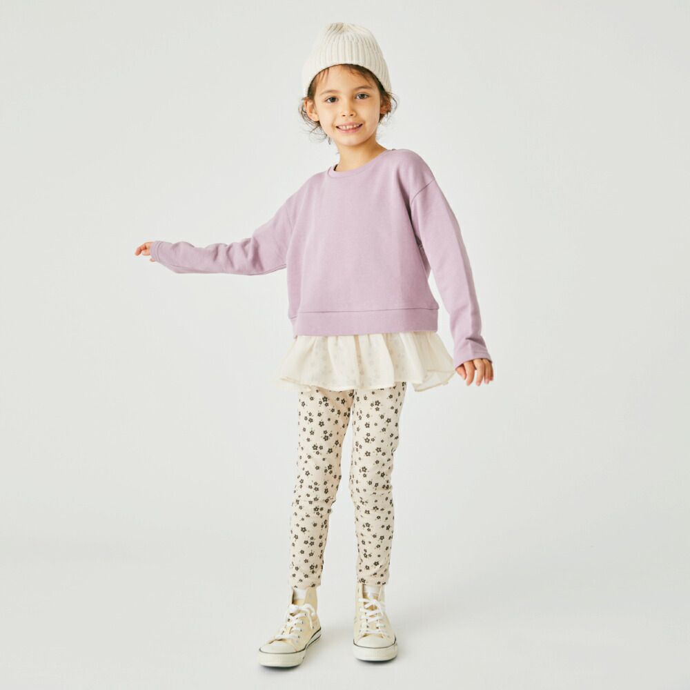 日本 evercloset - 下擺飄逸薄紗素色長袖上衣-煙燻粉x白