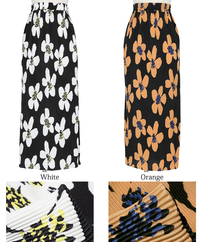 日本 COCA - 熱情花朵細摺長裙-黑底白花