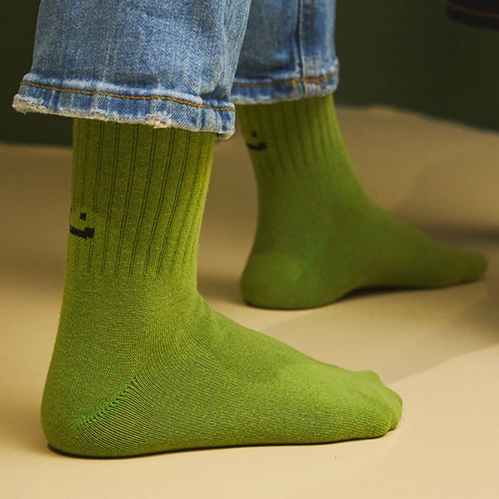 韓製彈力好穿中筒襪-笑臉-綠 (Free[230~270mm])-1雙