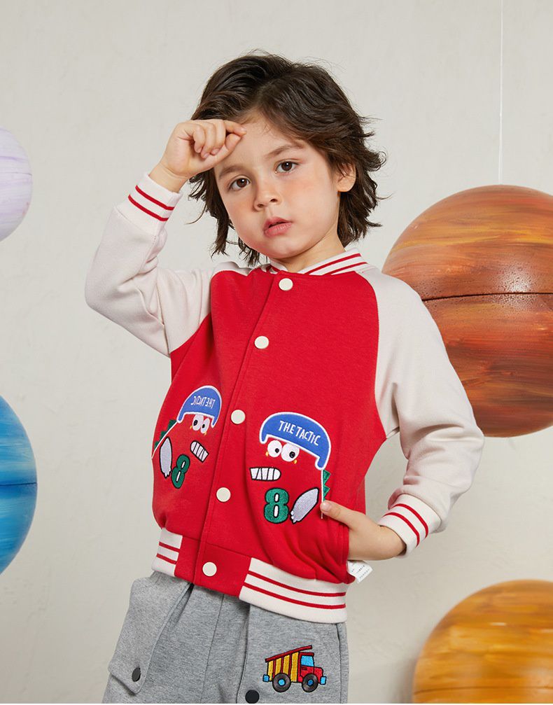 童趣拼色棒球外套-8號恐龍-藍+杏