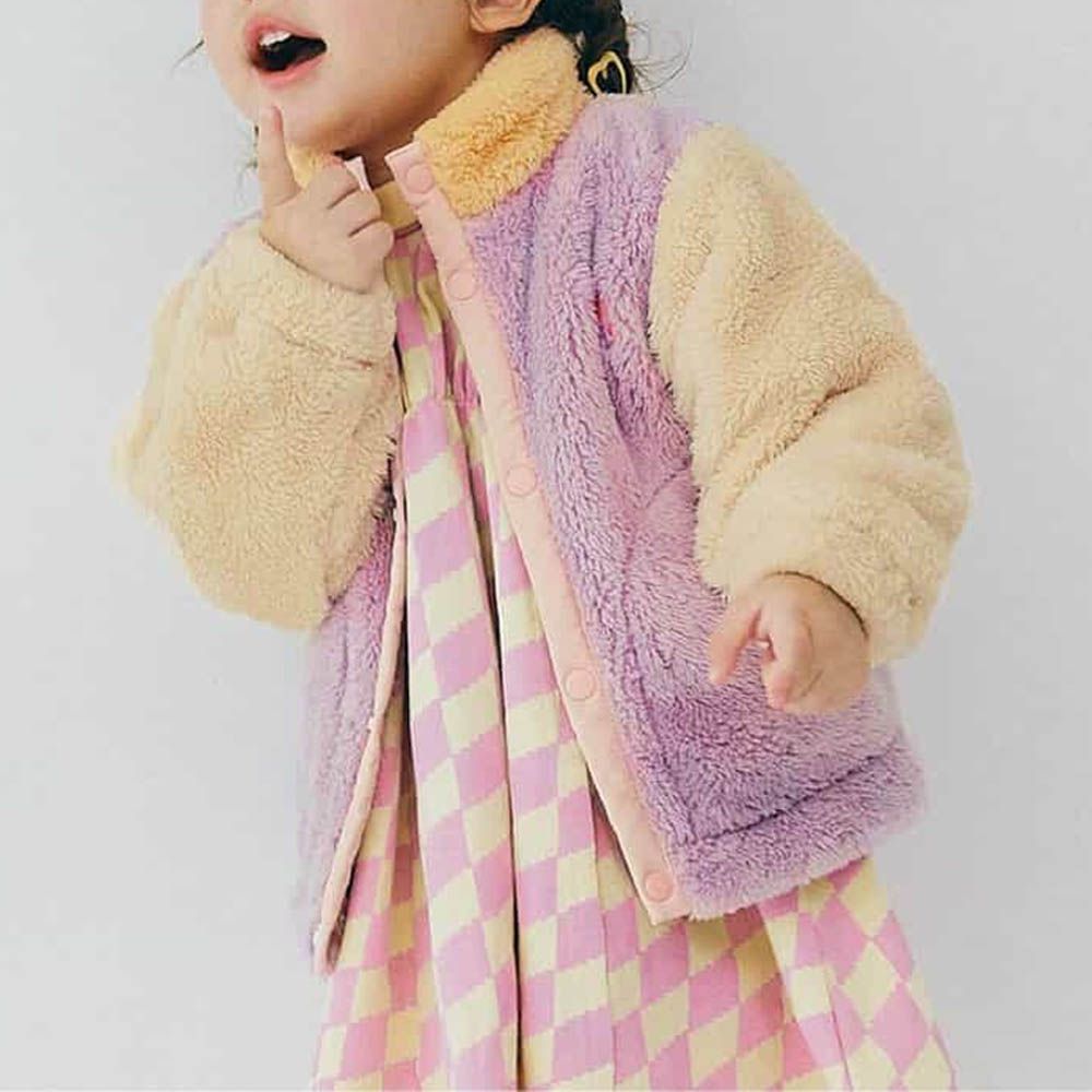 繽紛感印花絨毛保暖外套-撞色-粉紫X米杏