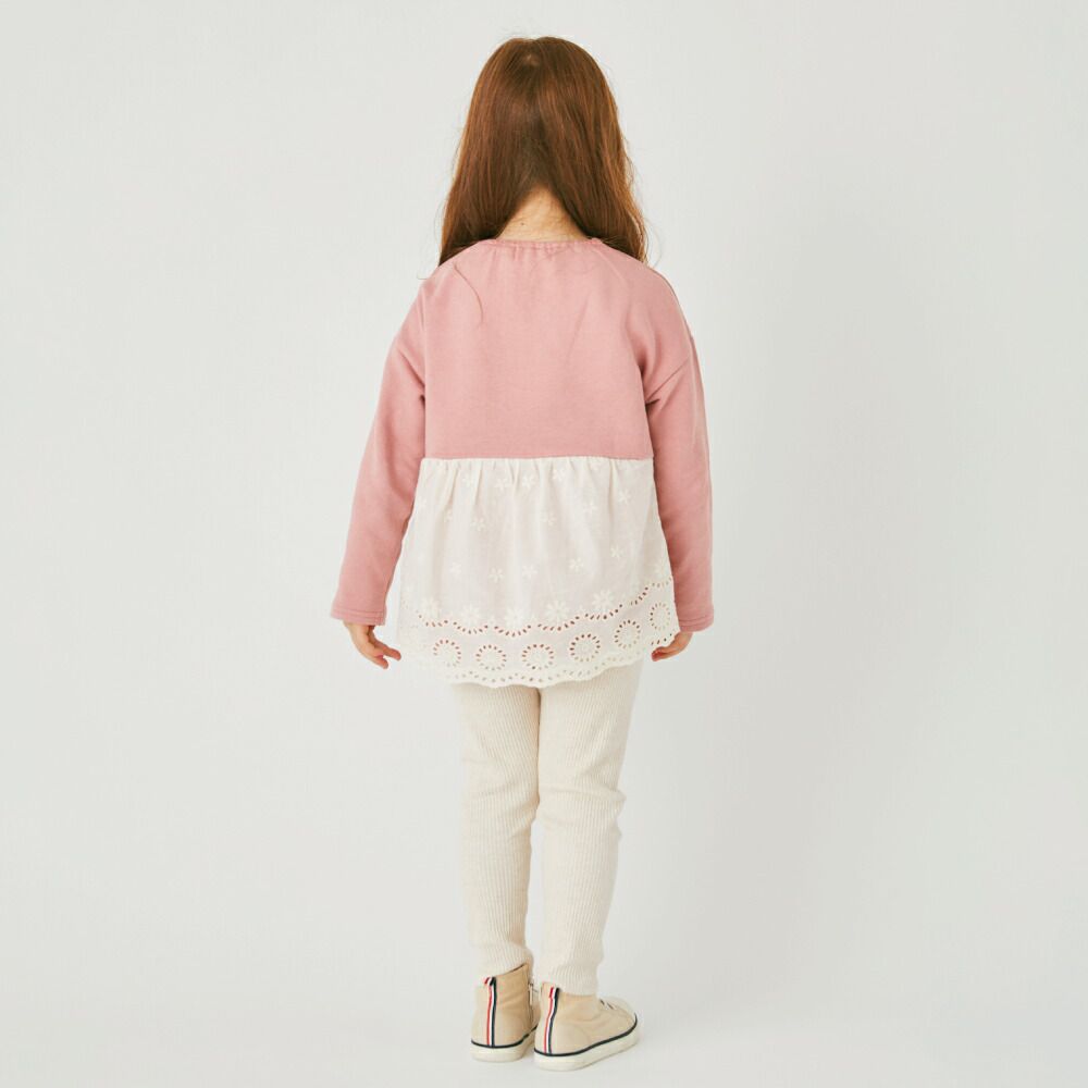 日本 evercloset - 前開叉後層次緹花浪漫長袖上衣-煙燻粉