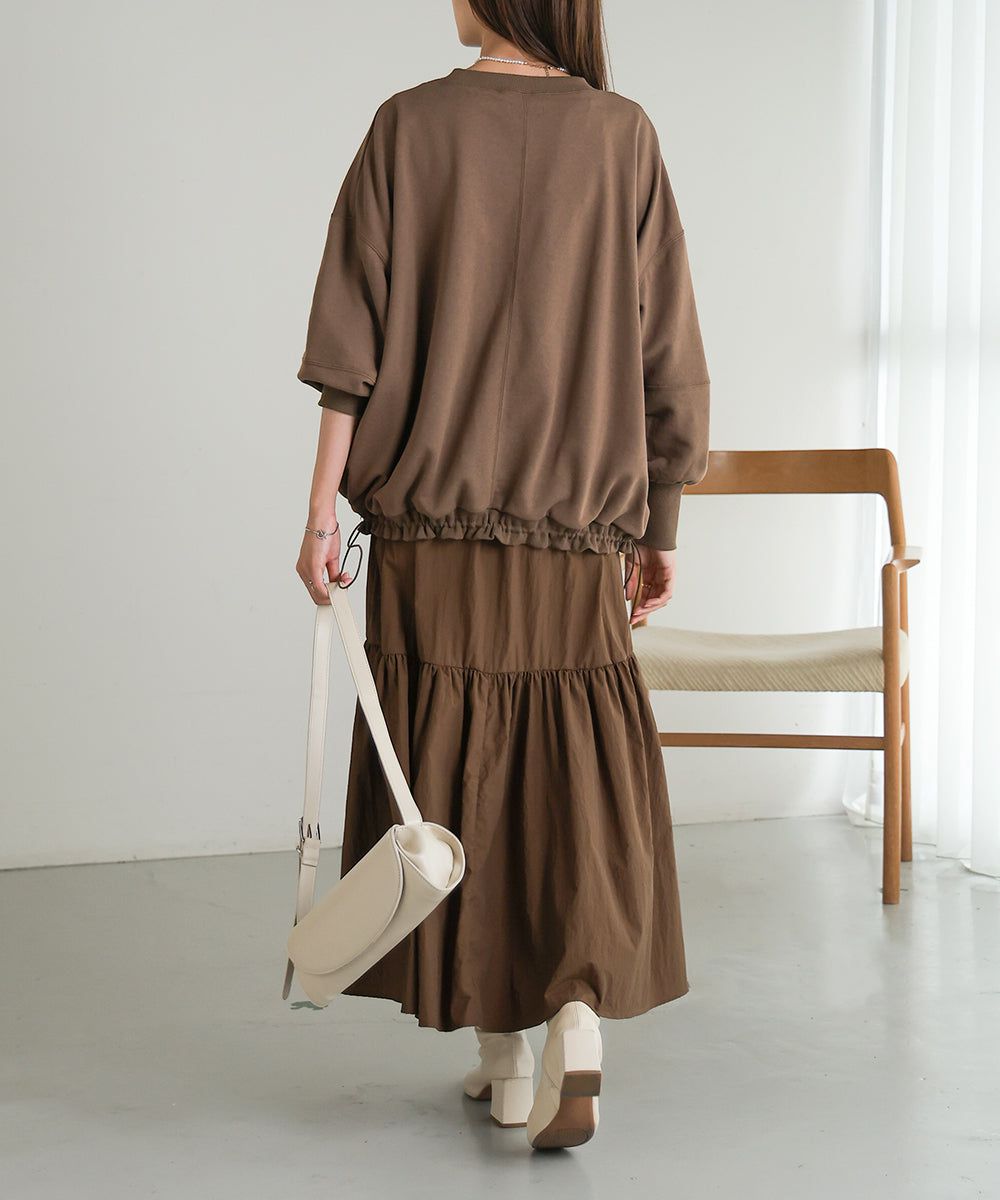 日本 Bab - 假二件拼接休閒束口長袖洋裝-咖棕系