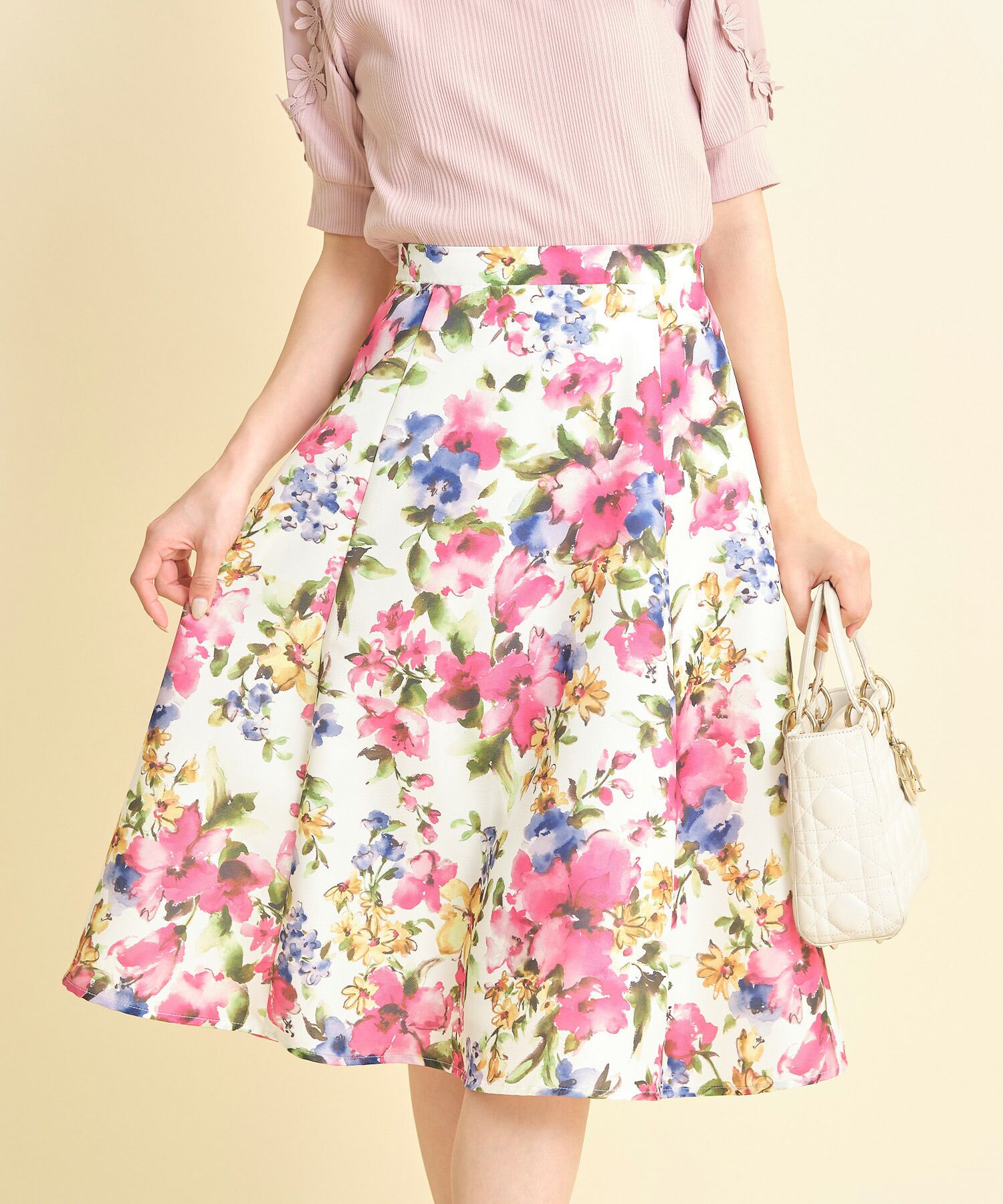 日本 tocco-closet - 水彩花朵華麗感修身傘裙-藍色系