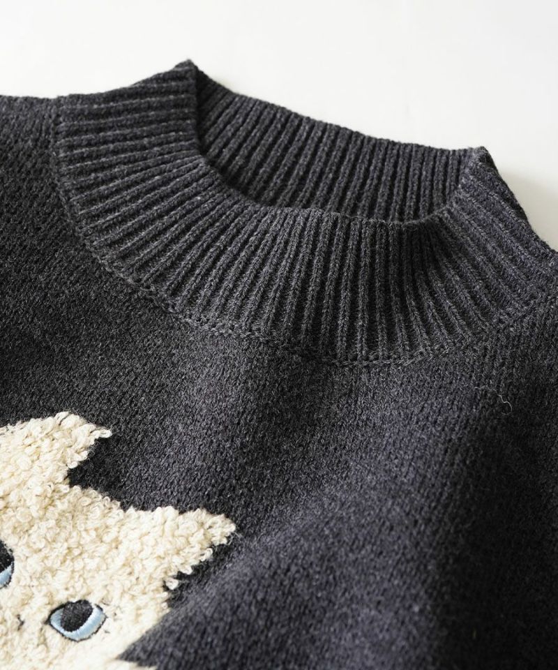 日本 zootie - 貓咪印花短絨拼接毛衣-深灰