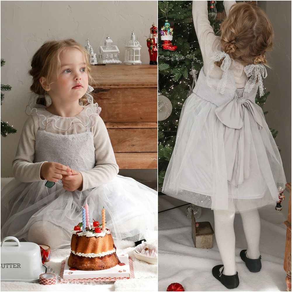 Puellaflo 大蝴蝶結細肩絨毛網紗蓬蓬禮服洋裝-淺灰