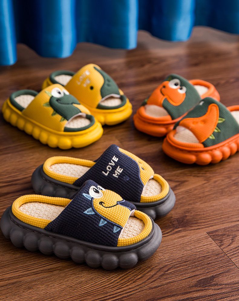 兒童室內厚底雅麻拖鞋-大眼睛恐龍-橘色