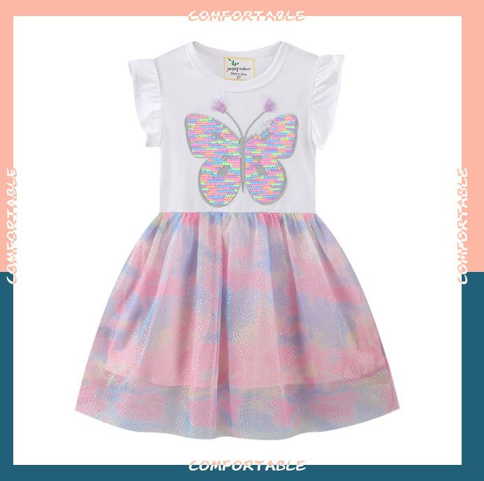 Jumping meters - 棉質圓領短袖網紗洋裝-滿滿亮片蝴蝶-白色