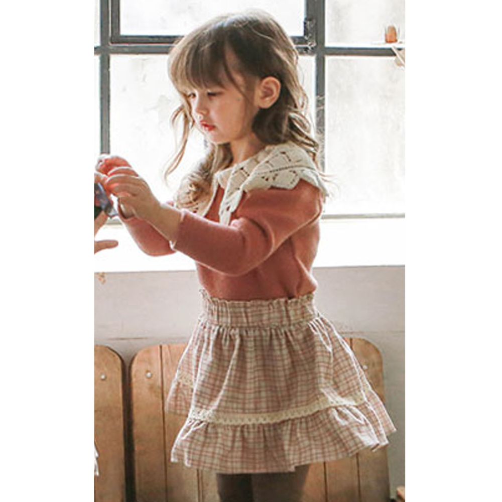 韓國 Puellaflo - (現省$50)鏤空針織領上衣+格子褲裙套裝-粉紅