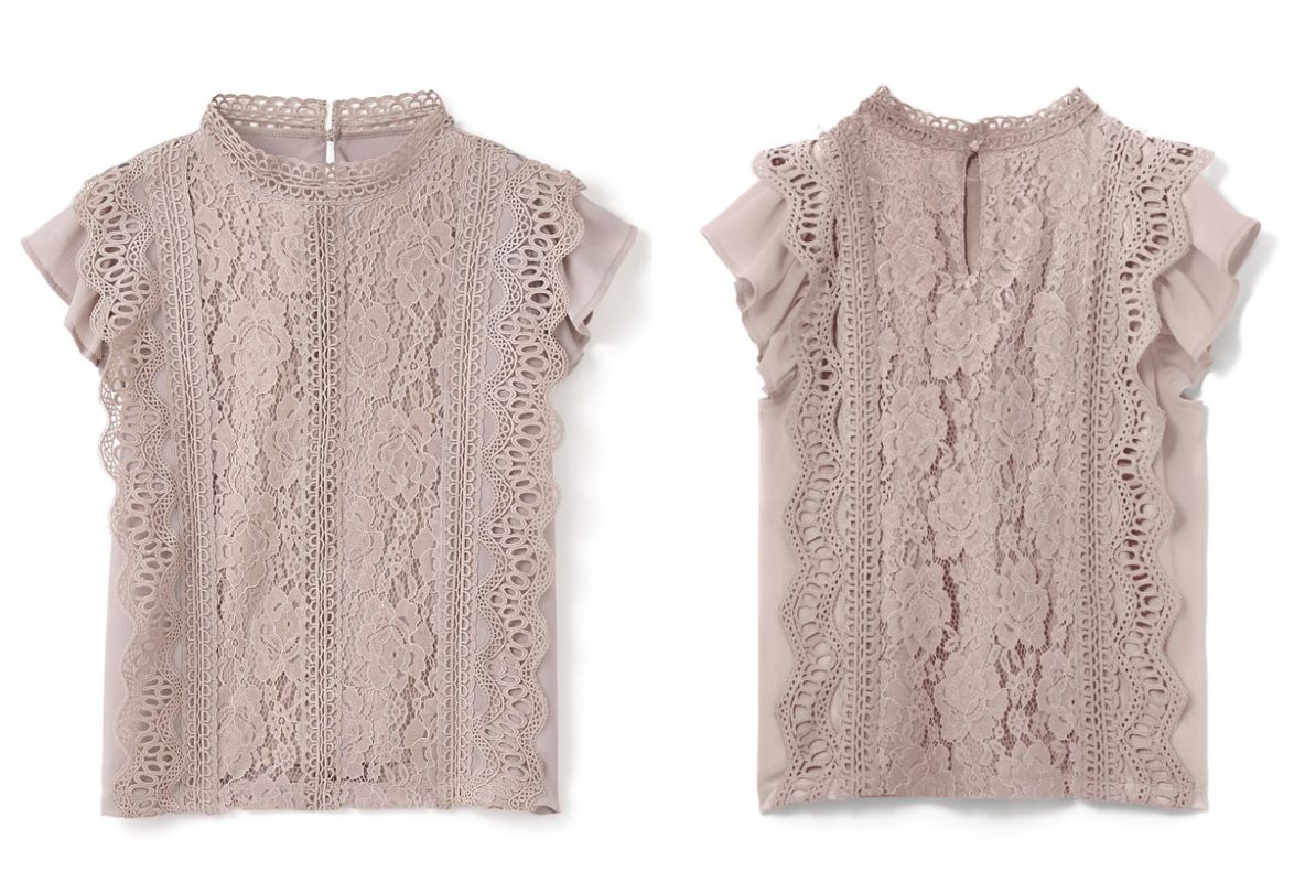 日本 GRL - 微立領氣質蕾絲短袖上衣-白