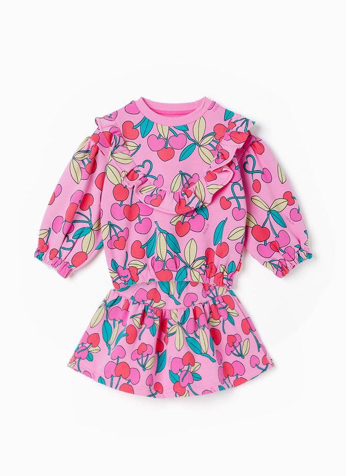 韓國 OZKIZ - 愛心櫻桃內磨毛長袖短裙套裝-桃粉