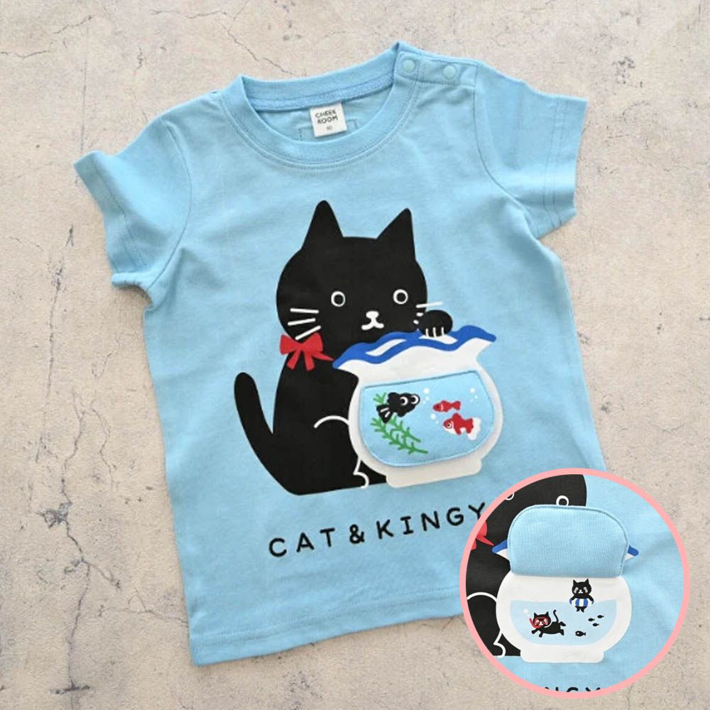 童趣翻翻短袖上衣-貓咪養魚-水藍