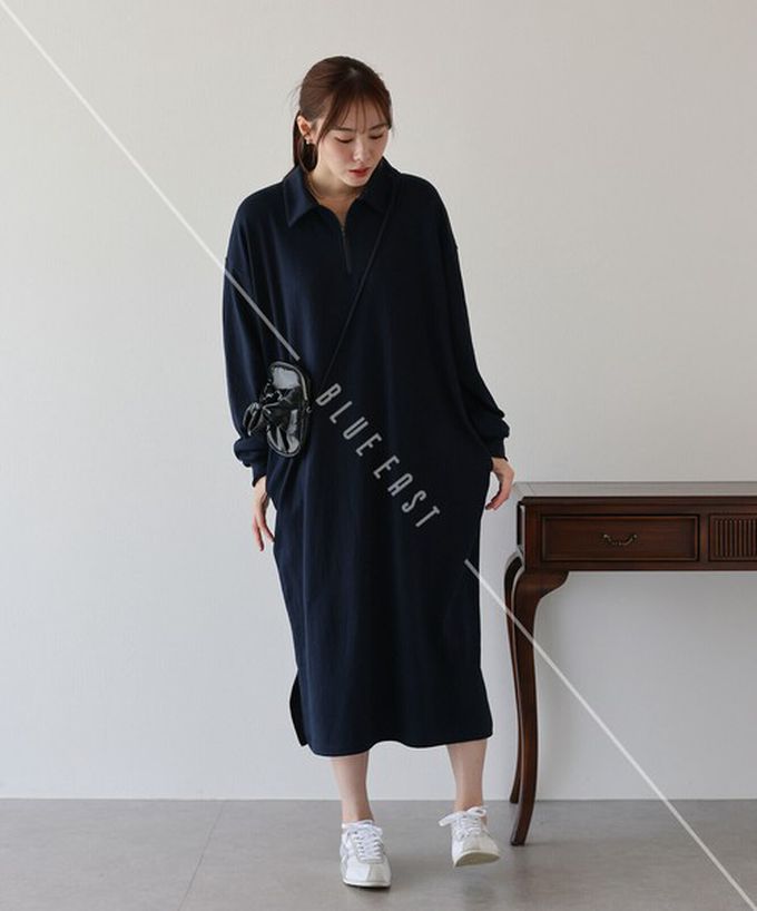 日本 BLUE EAST - 半拉鏈時尚休閒長袖洋裝-淺灰