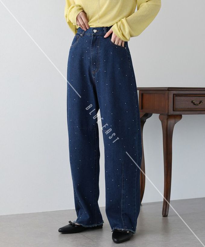 日本 BLUE EAST - 下襬流蘇閃耀愛心錐形美腳丹寧褲-淺藍