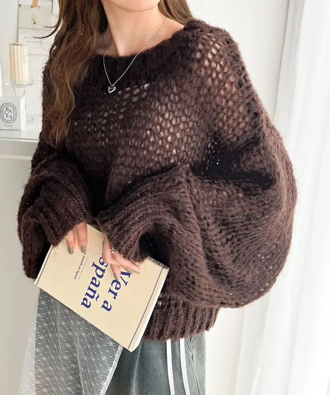 日本 Classical Elf - 甜美船領針織洞洞大寬袖毛衣-灰藍